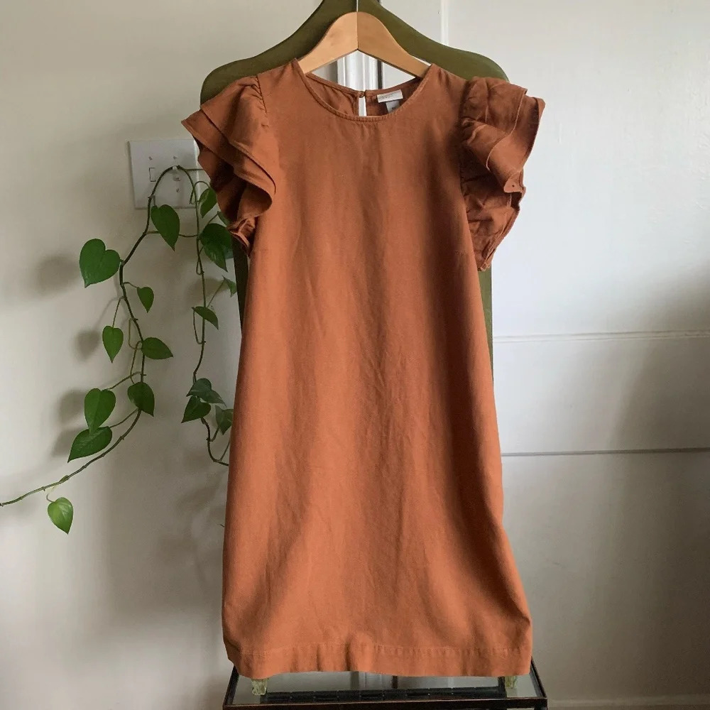 A New Day Rust Ruffle Sleeve Knee Length Linen Sheath Dress Size XS - Picture 3 of 10